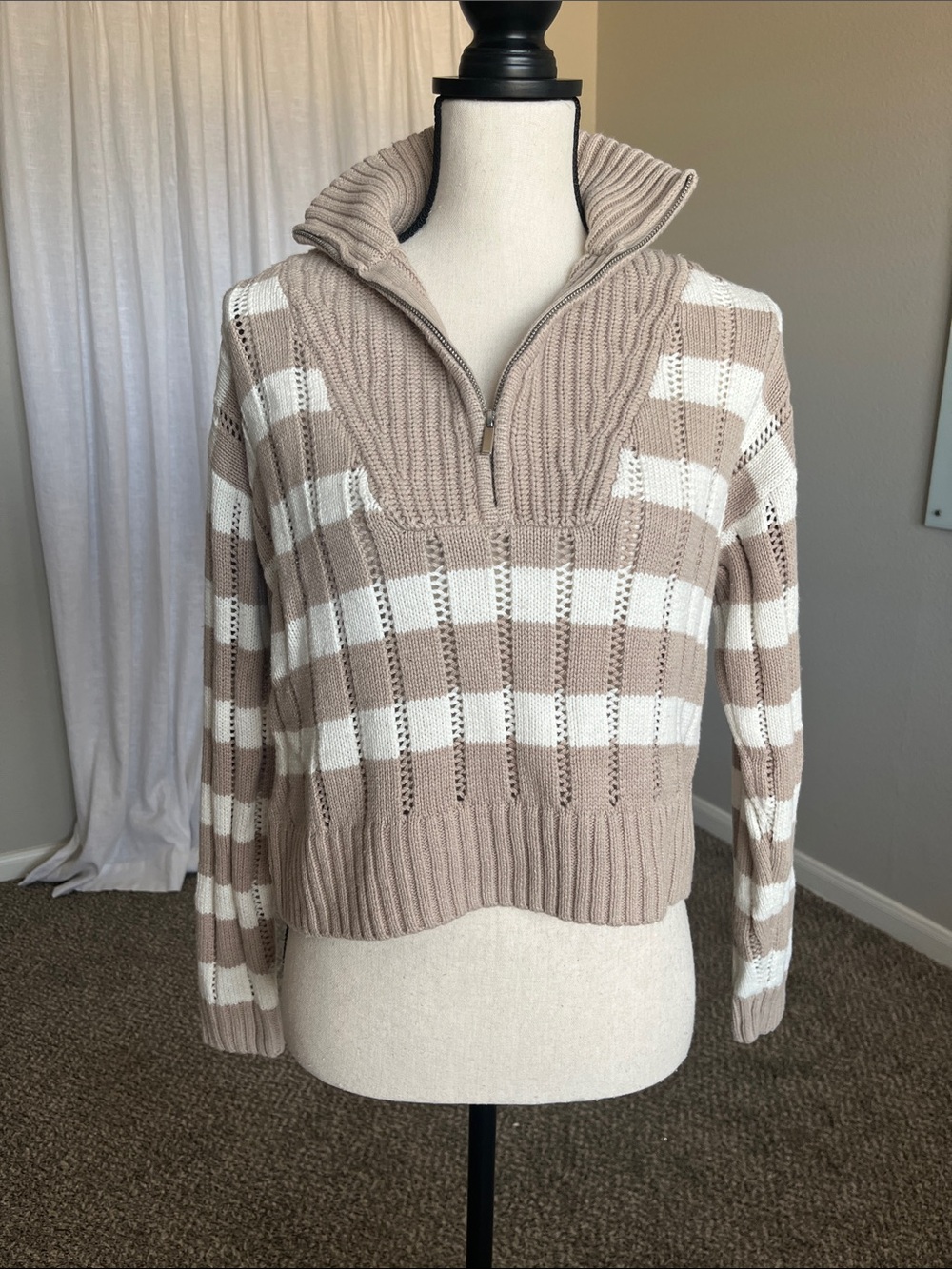 A New Day Beige White Striped Quarter Zip Knit Funnel Mock Neck Sweater Size XS